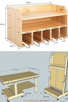 the plans for an outdoor bench and table are shown in two different sizes, including one with