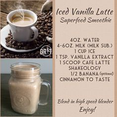 the ingredients for iced vanilla latte superfood smoothie are shown in three pictures