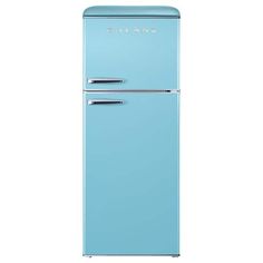 a blue refrigerator freezer sitting on top of a white wall