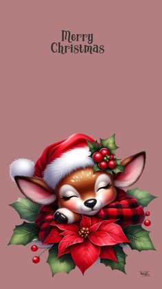 a christmas card with a cute little deer sleeping on top of holly