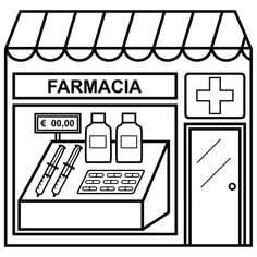 a black and white drawing of a store front