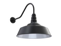 an outdoor light with a black shade on it's side and a white background