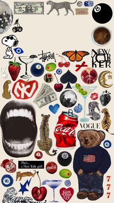 a collage of various stickers and symbols in the shape of an animal with its mouth open