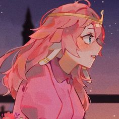 a girl with pink hair and a crown on her head looking off into the distance