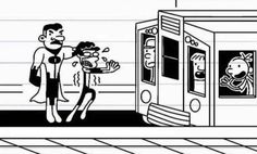 a drawing of two people standing in front of a subway car with the door open