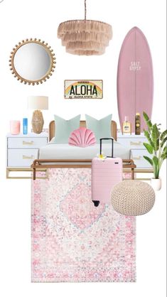 a pink and gold bedroom with surfboards on the wall, rugs, pillows, lamps, mirror, lights