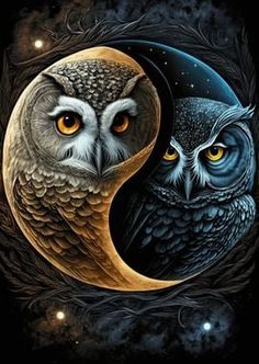 two owls sitting on top of each other in front of a crescent with the moon behind them