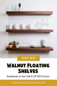 floating shelves, floating shelf, walnut floating shelves, modern furniture, modern shelving, floating shelf plans, amish furniture, discount furniture Floating Shelf Plans, Bracket Making, Live Edge Floating Shelf, Rustic Kitchen Shelves, Small Wooden Shelf