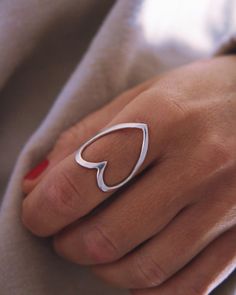 "Large open heart statement ring, made from  2mm sterling silver wire and polished to high shine.  Please leave the ring size needed at the checkout \"Notes to Seller\"  Thank you for choosing hand made  Ette  ♥️" Modern Silver Heart Rings, Modern Sterling Silver Heart Promise Ring, Modern Sterling Silver Heart Ring, Unique Silver Heart-shaped Ring, Silver Open Heart Minimalist Rings, Modern Sterling Silver Heart Ring For Gift, Minimalist Handmade Heart Ring, Trendy Silver Heart-shaped Ring, Modern Silver Open Heart Ring