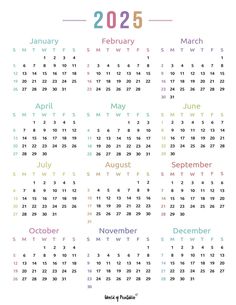 a calendar for the new year is shown in this colorful printable version, which includes numbers