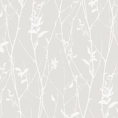 a white wallpaper with vines and leaves on the top, in front of a gray background