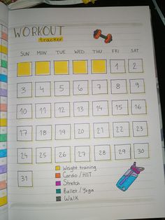 an open exercise book with the words workout written on it and pictures of things to do