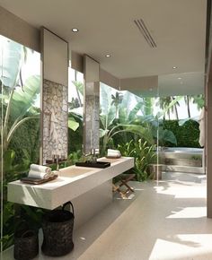 a bathroom with two sinks, mirrors and plants in the room on either side of the sink