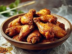 a wooden bowl filled with chicken wings covered in sauce