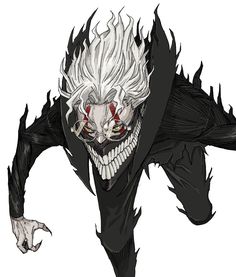 an evil looking demon with white hair and red eyes is in the air, as if he