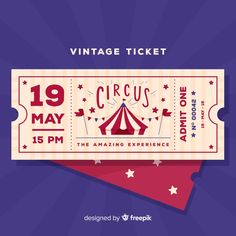 a ticket for the circus is shown in red and white stripes, with stars on it