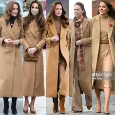 three women in camel coats are walking down the street