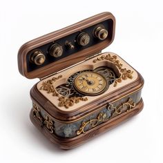 an ornate wooden box with a clock in the middle and two dials on each side