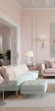 a living room filled with furniture and pink walls