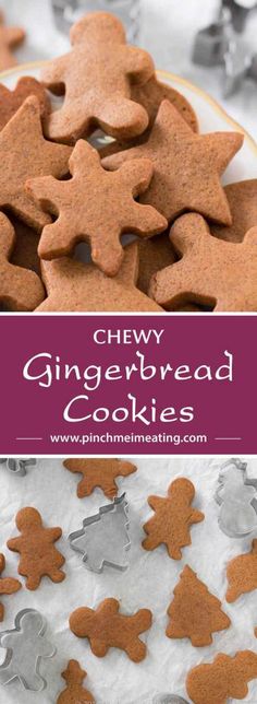 chewy gingerbread cookies on a plate with the words chewy gingerbread cookies