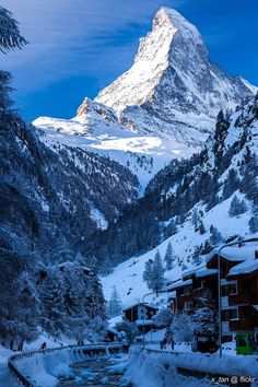 a snowy mountain is in the background with houses and trees on either side, and a stream running through it