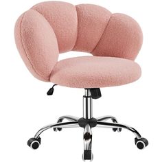 a pink office chair with wheels and wheels on the back, in front of a white background