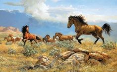 a painting of horses running in the wild