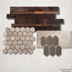 several different types of tile and wood are shown in this image, including one with hexagonal tiles