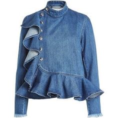 Fashion Design Development, Ruffled Denim Jacket, Asymmetric Blouse, Blue Ruffle Top, Mens Fashion Denim, Frill Top, Afrikaanse Mode, Jackets Denim