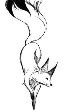 a black and white drawing of a fox with its tail curled up in the air