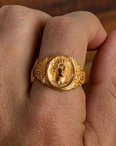 Helios 18K Gold Signet Ring – Olithica Collectible Gold Rings With Historical Design, Vintage Gold Ring With Halo, Gold Byzantine Signet Ring For Ceremonies, Gold Byzantine Signet Ring For Ceremonial Occasions, Gold Byzantine Style Ceremonial Signet Ring, Gold Spiritual Signet Ring For Ceremonial Occasions, Spiritual Yellow Gold Signet Ring, Mens Emerald Rings, Mens Rings Fashion