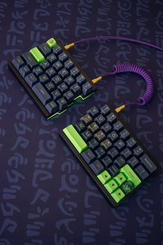 two black and green computer keyboards on a purple background with chinese characters in the background