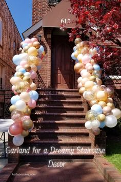 a bunch of balloons are on the steps