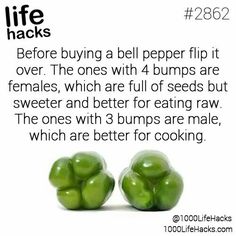 two green peas sitting on top of each other in front of a white background with the words before buying a bell pepper trip it over