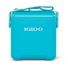 the igloo lunch box is blue and has a handle on it