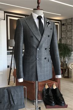 Charles Chic Deep Gray Peaked Lapel Double Breasted Plaid Men Suits For Business English Hunting Outfit, Men Tuxedo, Stylish Mens Suits, Dusty Blue Bridesmaid Dresses, Classy Men, Formal Outfits