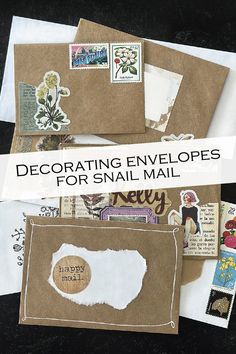 Stacked envelopes with different ideas for decorating envelopes when sending snail mail. Pen Pal Envelopes Ideas, Decorating An Envelope, Snail Mail Envelopes Ideas, Decorated Package To Mail, Decorate Envelope, Letter Envolpe Making, Snail Mail Crafts, Snail Mail Diy, Snail Mail Ideas