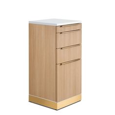 an office cabinet with three drawers and gold trimmings on the bottom drawer, against a white background