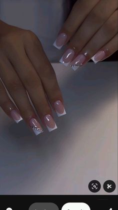 French Acrylics With Design, Summer Nail Set Ideas, Small Square Nails French Tip, Glitter Detail Nails, French Tips With Hearts Acrylic, White Prom Nails Acrylic Short, White Fresh Tip Nails, Square French Tip With Gems, Small Square Acrylic Nails