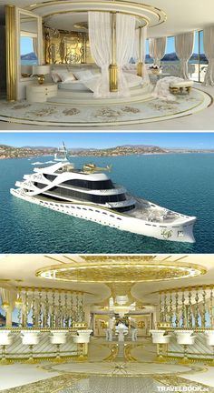 two pictures show the interior and exterior of a luxury yacht, with gold trimmings