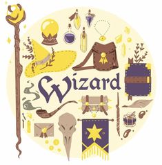 the wizard logo is surrounded by various items