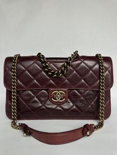 CHANEL Rare Jumbo Bordeaux Calfskin Flap Bag Golden Chain Authentic.  Perfect Edge Flap Bag Quilted Calfskin Jumbo. See photos for details and serial number for authenticity. Some details still have protection film. Excellent condition. No flaws to note. See pictures. Bag originally has “vintage leather” look. Metal is not simple gold, but with "vintage" bronze effect. This is a truly unique bag! Purchased  in 2014 in Los Angeles at Beverly Hills store. When purchased it is first authenticated b Vintage Chanel Bags, Vintage Chanel Bag, Vintage Designer Bags, Chanel Flap Bag, Bag Obsession, Golden Chain, Chanel Vintage