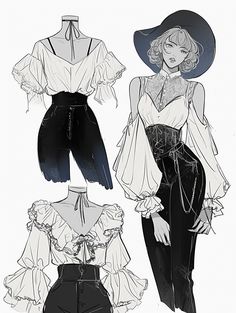 three women's clothing sketches, one in white and the other in black with ruffles