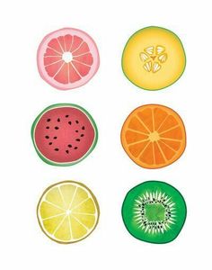 four slices of watermelon, lemon, orange and grapefruit on a white background