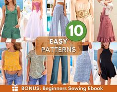 10 easy sewing patterns for women's summer dresses, skirts and tops with the title below