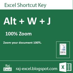 microsoft excel shortcut key for all w + j 100 % zoom zoom zoom your document 100 %