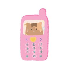 a pink cell phone with a cat on it's face and numbers in the screen