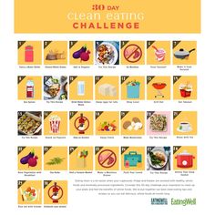 the 30 day clean eating challenge is shown in yellow and white, with pictures of different foods