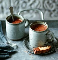 two cups of hot chocolate on a plate