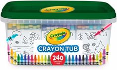 crayon tub with markers and pencils in it